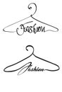 Creative fashion style logo design. Vector sign with lettering and hanger symbol. Logotype calligraphy