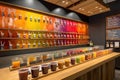 creative fast-food restaurant, with a variety of sauces and spices on display for customers to mix and match