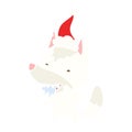 A creative flat color illustration of a hungry wolf wearing santa hat