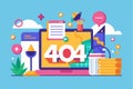 Creative flat design illustration depicting a 404 error page concept on a computer screen with colorful elements in a cheerful Royalty Free Stock Photo