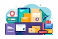 Creative flat illustration representing delivery, file management, and digital communication in a modern workspace environment Royalty Free Stock Photo