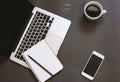 Creative flat lay design of workspace desk with laptop