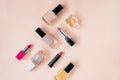 Creative flat lay of fashion bright nail polishes and decorative cosmetic on a colorful background. Minimal style. Copy Royalty Free Stock Photo