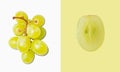 Creative flat lay made of bunch green grapes and cut grape macro on white and green background Royalty Free Stock Photo