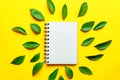 Creative flat lay overhead composition with blank notepad and beautiful eucalyptus leaves on yellow background. Greeting card Royalty Free Stock Photo