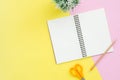 Creative flat lay photo of workspace desk. Top view office desk with open mock up notebooks and pencil and plant on pastel colour. Royalty Free Stock Photo