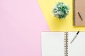 Creative flat lay photo of workspace desk. Top view office desk with open mock up notebooks and pencil and plant on pink yellow Royalty Free Stock Photo