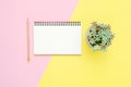 Creative flat lay photo of workspace desk. Top view office desk with open mock up notebooks and pencil and plant on pink yellow Royalty Free Stock Photo