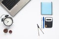 Creative flat lay of school supplies and laptop on white background Royalty Free Stock Photo