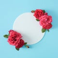Creative flat lay with spring flowers and white frame on pastel blue background. Royalty Free Stock Photo