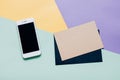 Creative flat lay style workspace desk with smartphone Royalty Free Stock Photo