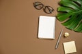 Creative flat lay, top view office table desk. Workspace with pen, monstera leaves, eyeglasses, notebook