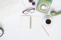 Creative flat lay of workspace with white laptop, retro style Royalty Free Stock Photo