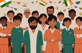 Creative flat vector illustration of Indian students and faculty teachers standing in front of Indian tricolor flag in school.