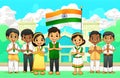 Creative flat vector illustration of Indian students and faculty teachers standing in front of Indian tricolor flag in school.