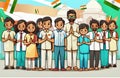 Creative flat vector illustration of Indian students and faculty teachers standing in front of Indian tricolor flag in school.