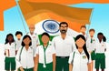 Creative flat vector illustration of Indian students and faculty teachers standing in front of Indian tricolor flag in school.