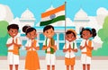 Creative flat vector illustration of Indian students and faculty teachers standing in front of Indian tricolor flag in school.