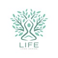 Creative flat vector life logo with abstract human silhouette in yoga pose and green leaves of tree. Harmony with nature Royalty Free Stock Photo