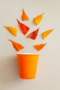 Creative flay lay of orange cup and leaves