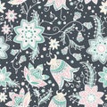 Creative Floral Seamless Pattern With Abstract Doodle Flowers, Vintage Background In Grey, Pink, Aqua And Green - Great For