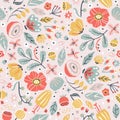 Creative floral seamless pattern in sketch style. Vector hand drawn illustration of blooming flowers and herbs in Royalty Free Stock Photo