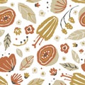 Creative floral seamless pattern in sketch style. Vector hand drawn illustration of blooming flowers and herbs in a Royalty Free Stock Photo