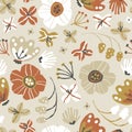 Creative floral seamless pattern in sketch style. Vector hand drawn illustration of blooming flowers and herbs in a Royalty Free Stock Photo