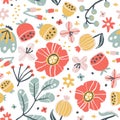 Creative floral seamless pattern in sketch style. Vector hand drawn illustration of blooming flowers and herbs in Royalty Free Stock Photo