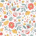 Creative floral seamless pattern in sketch style. Vector hand drawn illustration of blooming flowers and herbs in Royalty Free Stock Photo