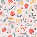 Creative floral seamless pattern in sketch style. Vector hand drawn illustration of blooming flowers and herbs in Royalty Free Stock Photo