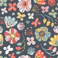 Creative floral seamless pattern in sketch style. Vector hand drawn illustration of blooming flowers and herbs in Royalty Free Stock Photo