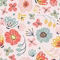 Creative floral seamless pattern in sketch style. Vector hand drawn illustration of blooming flowers and herbs in Royalty Free Stock Photo