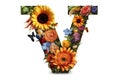 Creative Floral and Sunflower Colorful Photorealistic Letter V, Ai generative