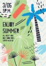 Creative flyer or poster template decorated with exotic plants, tropical palm trees, paint stains and blots for summer
