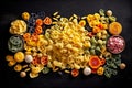 Creative food concept background. Different types of pasta isolated on black background. AI generated.