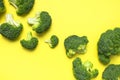 Creative food concept. Fresh raw green broccoli on yellow background. Healthy vegetables, diet vegan organic food, vitamins. Flat Royalty Free Stock Photo