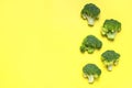 Creative food concept. Fresh raw green broccoli on yellow background. Healthy vegetables, diet vegan organic food, vitamins. Flat Royalty Free Stock Photo