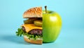 Creative food concept with half hamburger half green apple on blue background Royalty Free Stock Photo