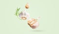 Creative food concept. Minimalistic light green background with natural root vegetables. Flying fresh organic garlic with green Royalty Free Stock Photo