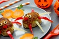 Creative food idea meatballs with colorful bell pepper shaped funny spider or octopus for kids Royalty Free Stock Photo