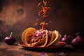 Creative food image of Mexican Tacos de Cochinita Pibil and onion with habanero chili falling