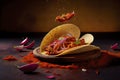 Creative food image of Mexican Tacos de Cochinita Pibil and onion with habanero chili falling
