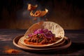 Creative food image of Mexican Tacos de Cochinita Pibil and onion with habanero chili falling