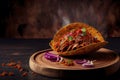 Creative food image of Mexican Tacos de Cochinita Pibil and onion with habanero chili falling