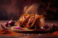 Creative food image of Mexican Tacos de Cochinita Pibil and onion with habanero chili falling