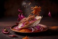 Creative food image of Mexican Tacos de Cochinita Pibil and onion with habanero chili falling