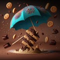 Creative food rain. Sweet cookies, chocolate pieces falling on chocolate umbrella on brown background