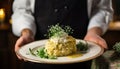 Creative food stylist expertly decorating a delicious meal for restaurant presentation