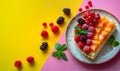 Slice of Berry peach raspberry cream cheese curd fruit tart tartlet pastry dessert on pink yellow background Royalty Free Stock Photo